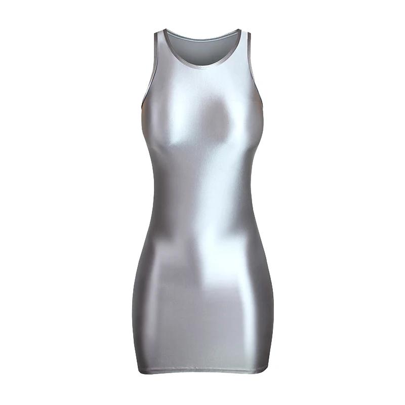 Women's Shiny Smooth Sleeveless Tank Top Round Neck Slim Fit Hip Warp Dress One-Step Tight Sheath Skirt Glossy Solid Color MJINM