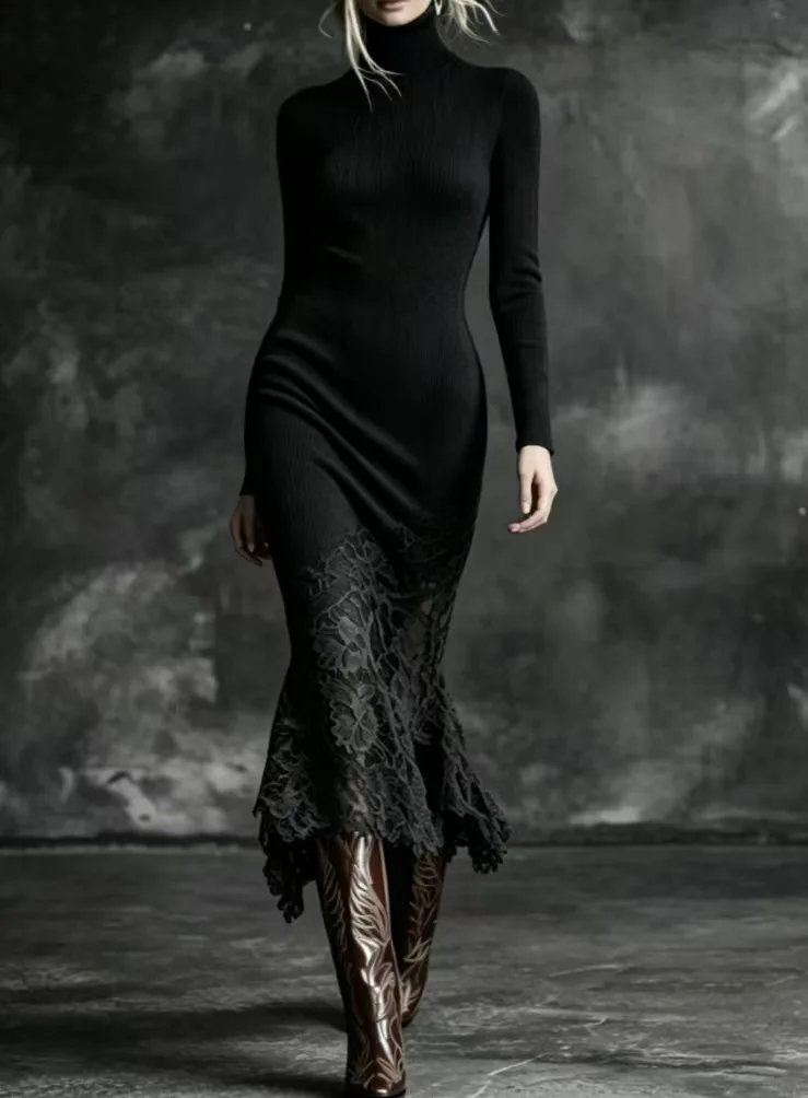 Autumn Turtleneck Long Sleeve  Mermaid Dress Women Elegant Lace Hem Bodycon Midi Dresses Party Evening Outfit 2027