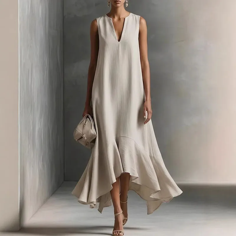 2026 Spring Solid Elegant Party Maxi Dress Woman Sexy V Neck Ruffles Hem Irregular Long Dress Summer Sleeveless Loose Boho Dress