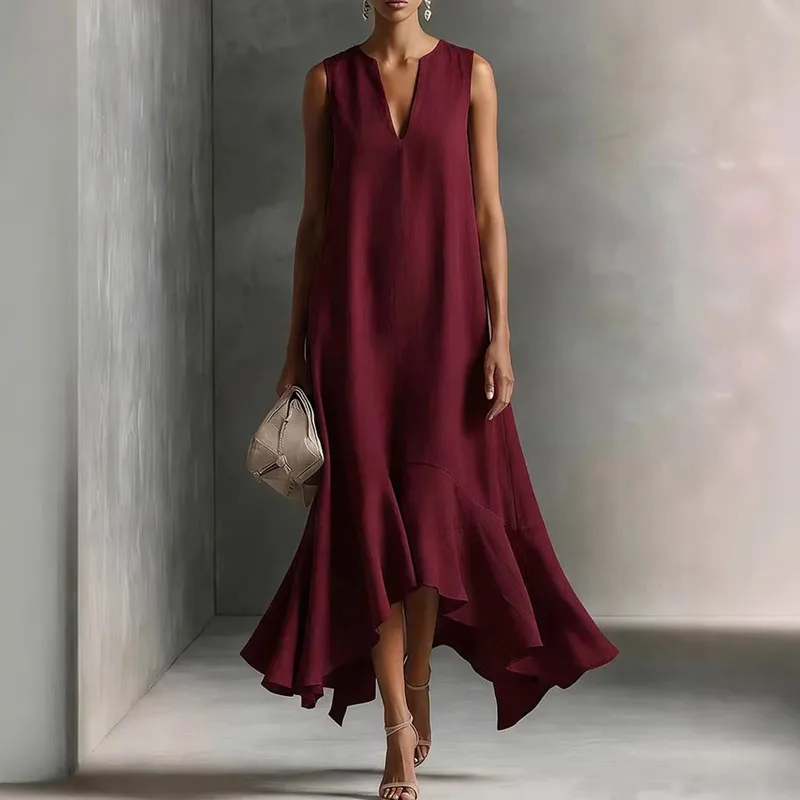 2026 Spring Solid Elegant Party Maxi Dress Woman Sexy V Neck Ruffles Hem Irregular Long Dress Summer Sleeveless Loose Boho Dress