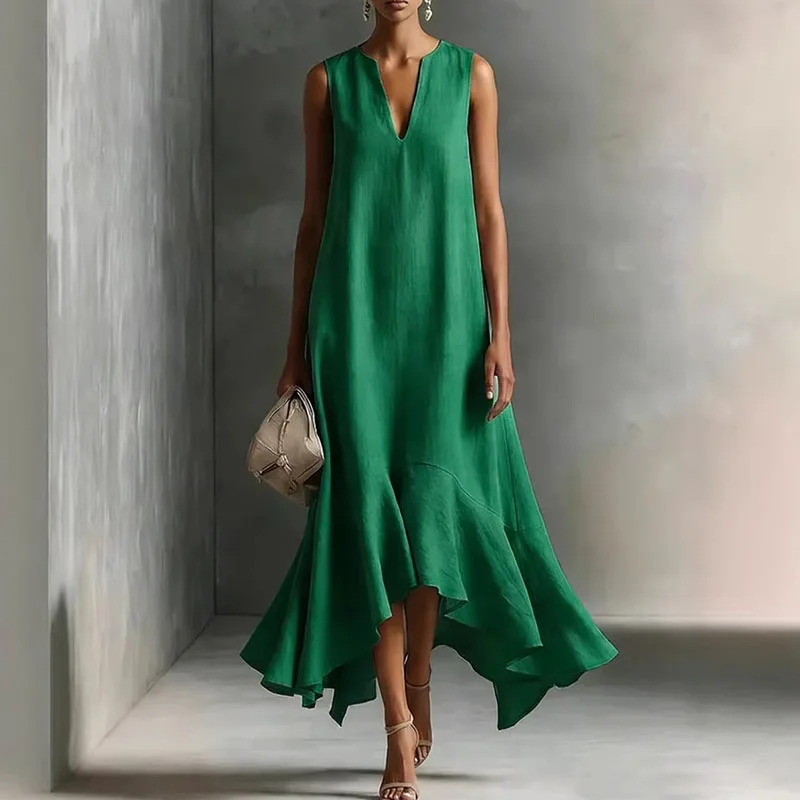 2026 Spring Solid Elegant Party Maxi Dress Woman Sexy V Neck Ruffles Hem Irregular Long Dress Summer Sleeveless Loose Boho Dress