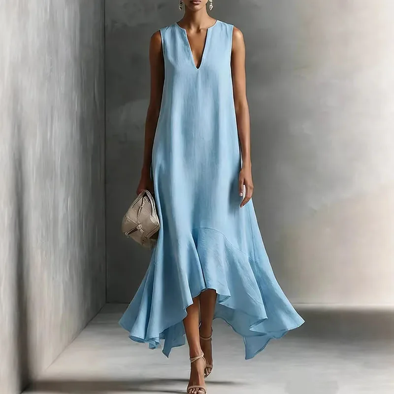 2026 Spring Solid Elegant Party Maxi Dress Woman Sexy V Neck Ruffles Hem Irregular Long Dress Summer Sleeveless Loose Boho Dress