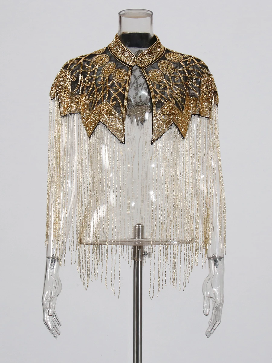 TWOTWINSTYLE Chic Formal Ceremonies Gold Fringe Cape for Women Stand Collar Luxury Beading Decoration for Red Carpet Gala Events