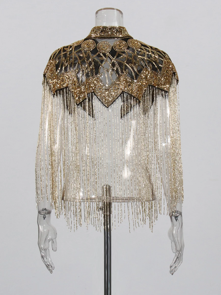 TWOTWINSTYLE Chic Formal Ceremonies Gold Fringe Cape for Women Stand Collar Luxury Beading Decoration for Red Carpet Gala Events