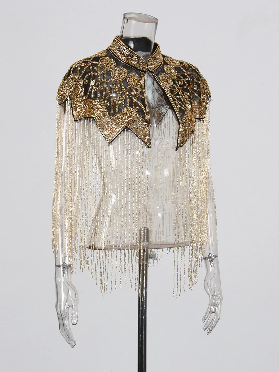 TWOTWINSTYLE Chic Formal Ceremonies Gold Fringe Cape for Women Stand Collar Luxury Beading Decoration for Red Carpet Gala Events