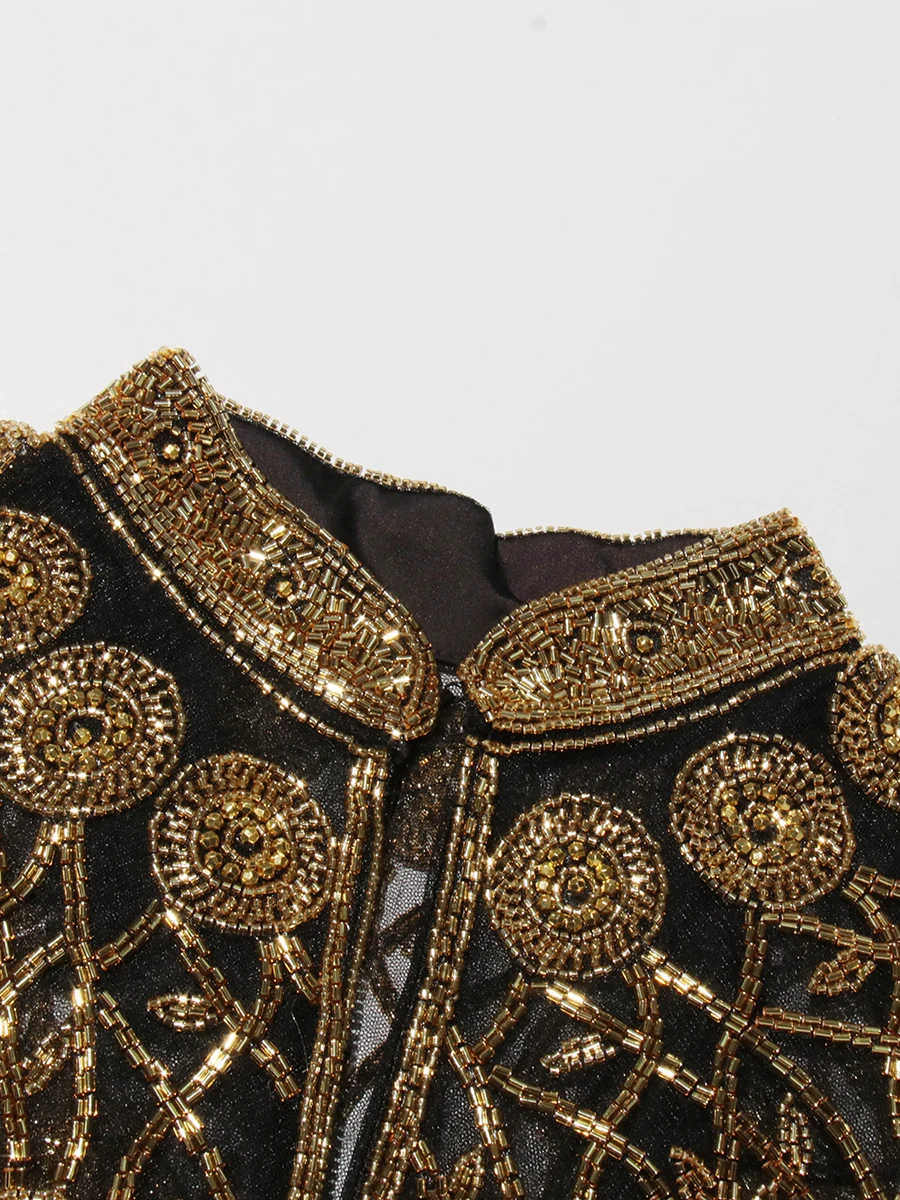 TWOTWINSTYLE Chic Formal Ceremonies Gold Fringe Cape for Women Stand Collar Luxury Beading Decoration for Red Carpet Gala Events