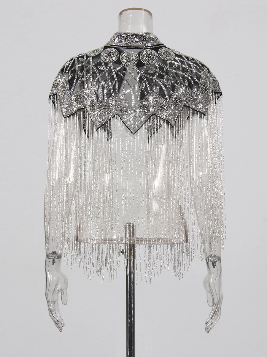 TWOTWINSTYLE Chic Formal Ceremonies Gold Fringe Cape for Women Stand Collar Luxury Beading Decoration for Red Carpet Gala Events