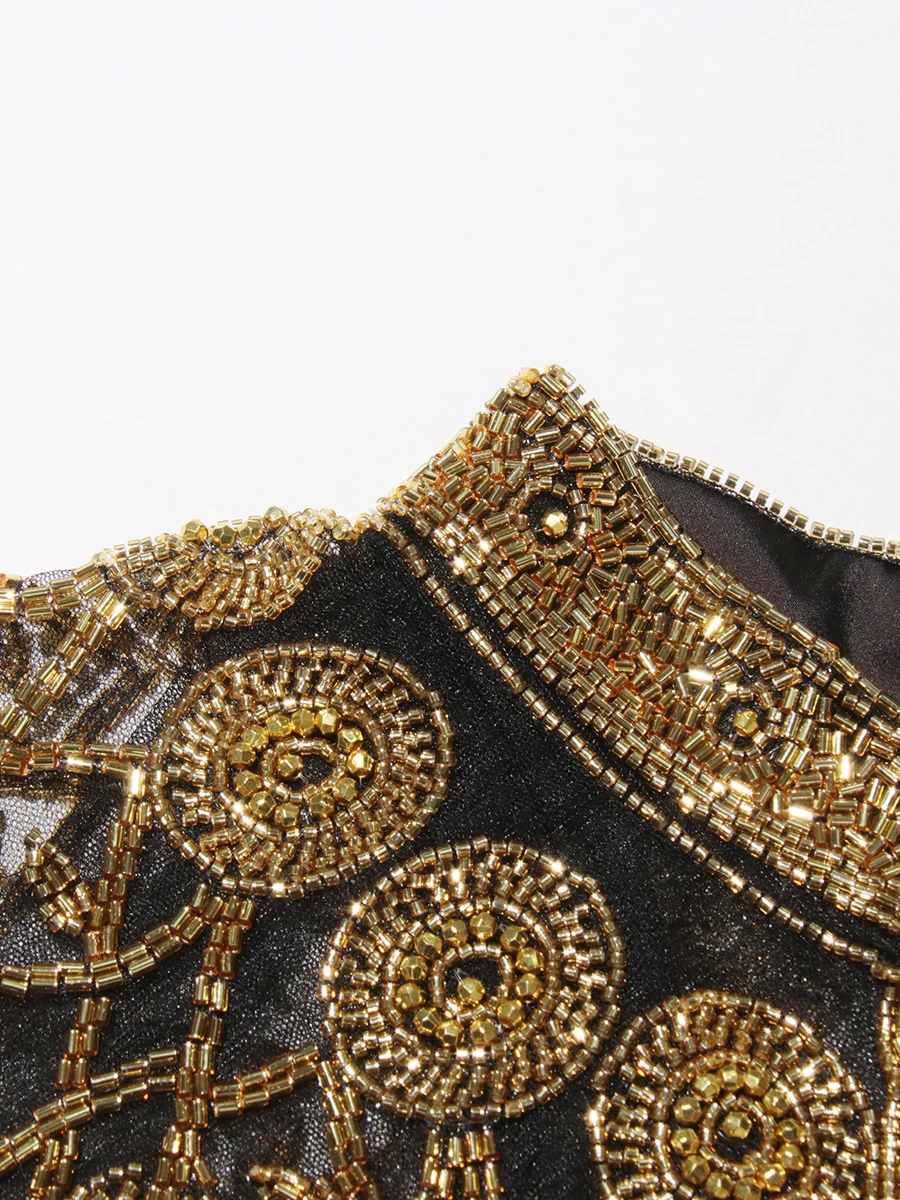 TWOTWINSTYLE Chic Formal Ceremonies Gold Fringe Cape for Women Stand Collar Luxury Beading Decoration for Red Carpet Gala Events