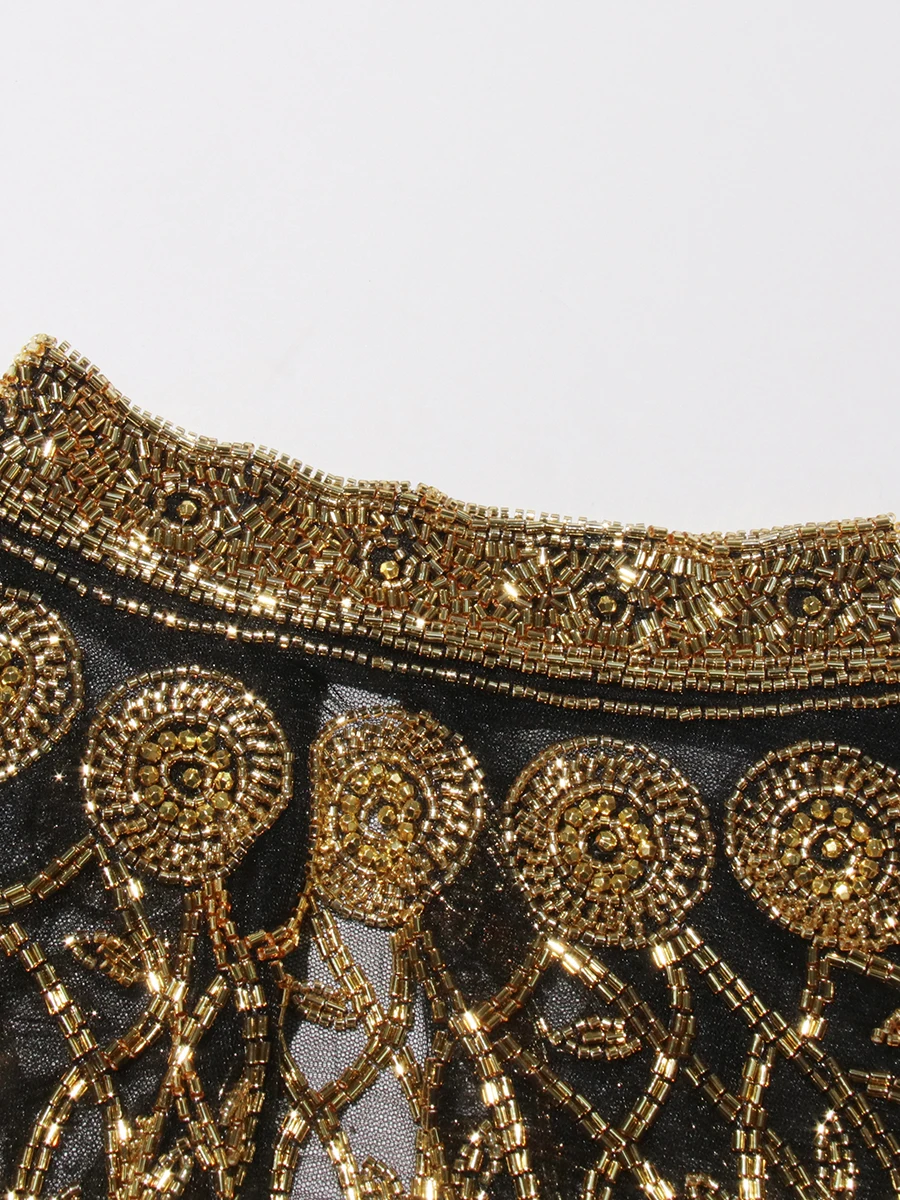 TWOTWINSTYLE Chic Formal Ceremonies Gold Fringe Cape for Women Stand Collar Luxury Beading Decoration for Red Carpet Gala Events