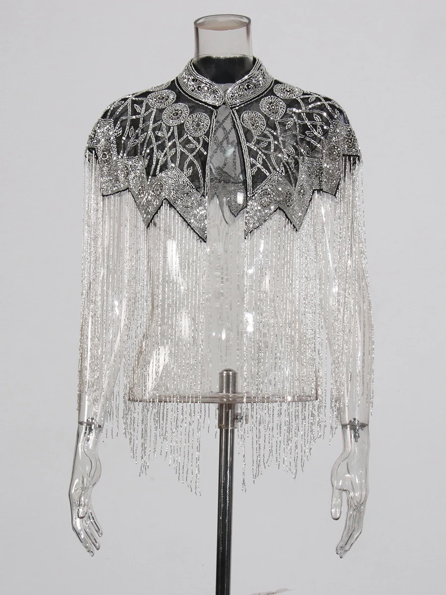 TWOTWINSTYLE Chic Formal Ceremonies Gold Fringe Cape for Women Stand Collar Luxury Beading Decoration for Red Carpet Gala Events