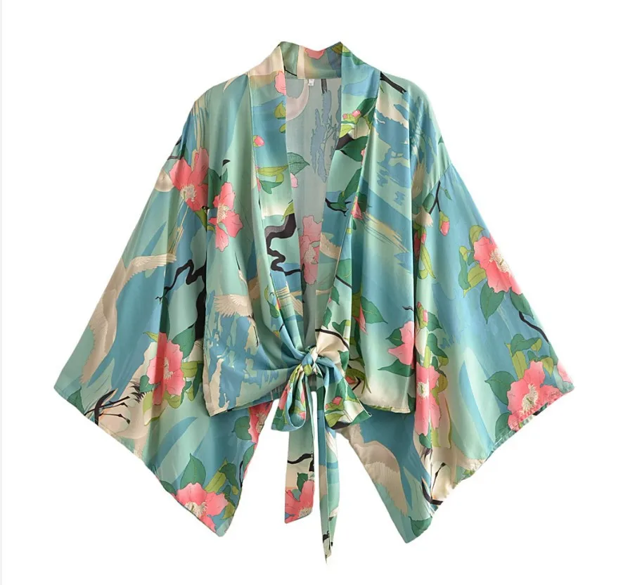 Floral Print Sashes Short Kimono Top Women Fashion V Neck Batwing Sleeve Shirt Blouse Lace Up Bohemian Hoodie Beach Bikini Cover