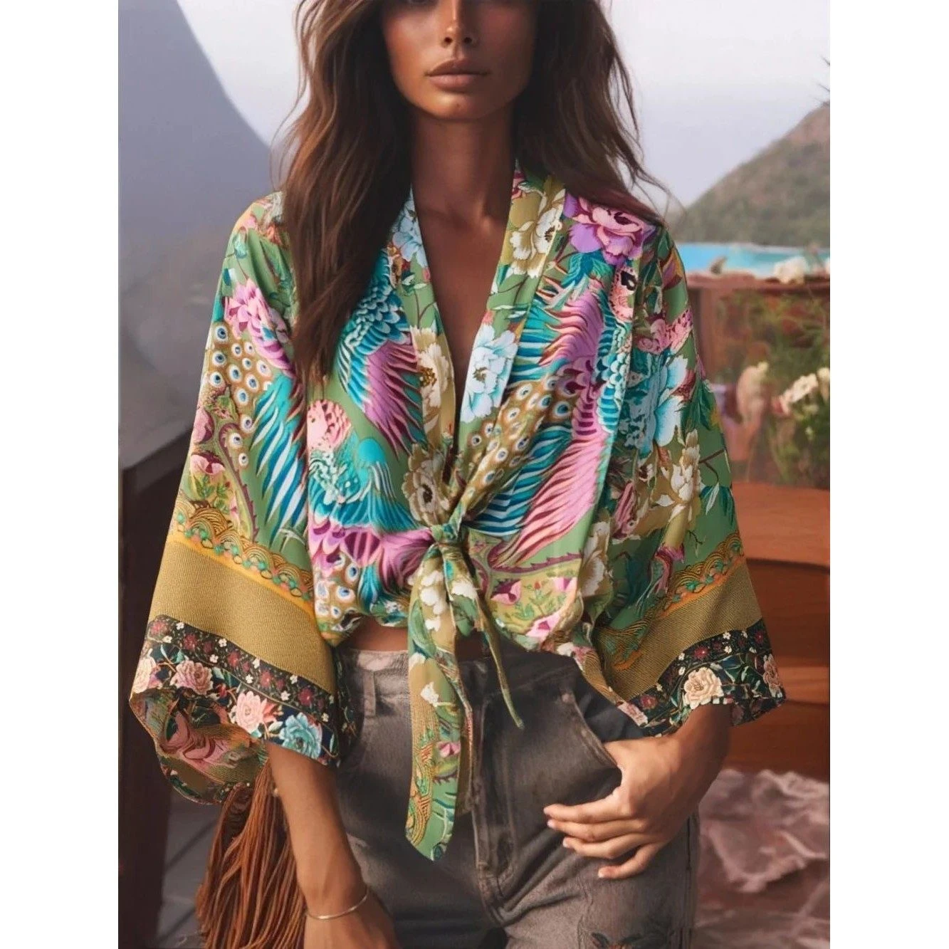 Floral Print Sashes Short Kimono Top Women Fashion V Neck Batwing Sleeve Shirt Blouse Lace Up Bohemian Hoodie Beach Bikini Cover