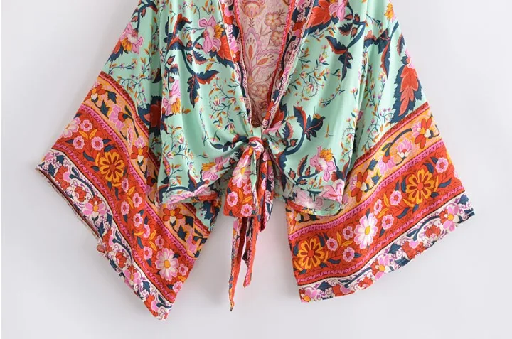 Floral Print Sashes Short Kimono Top Women Fashion V Neck Batwing Sleeve Shirt Blouse Lace Up Bohemian Hoodie Beach Bikini Cover