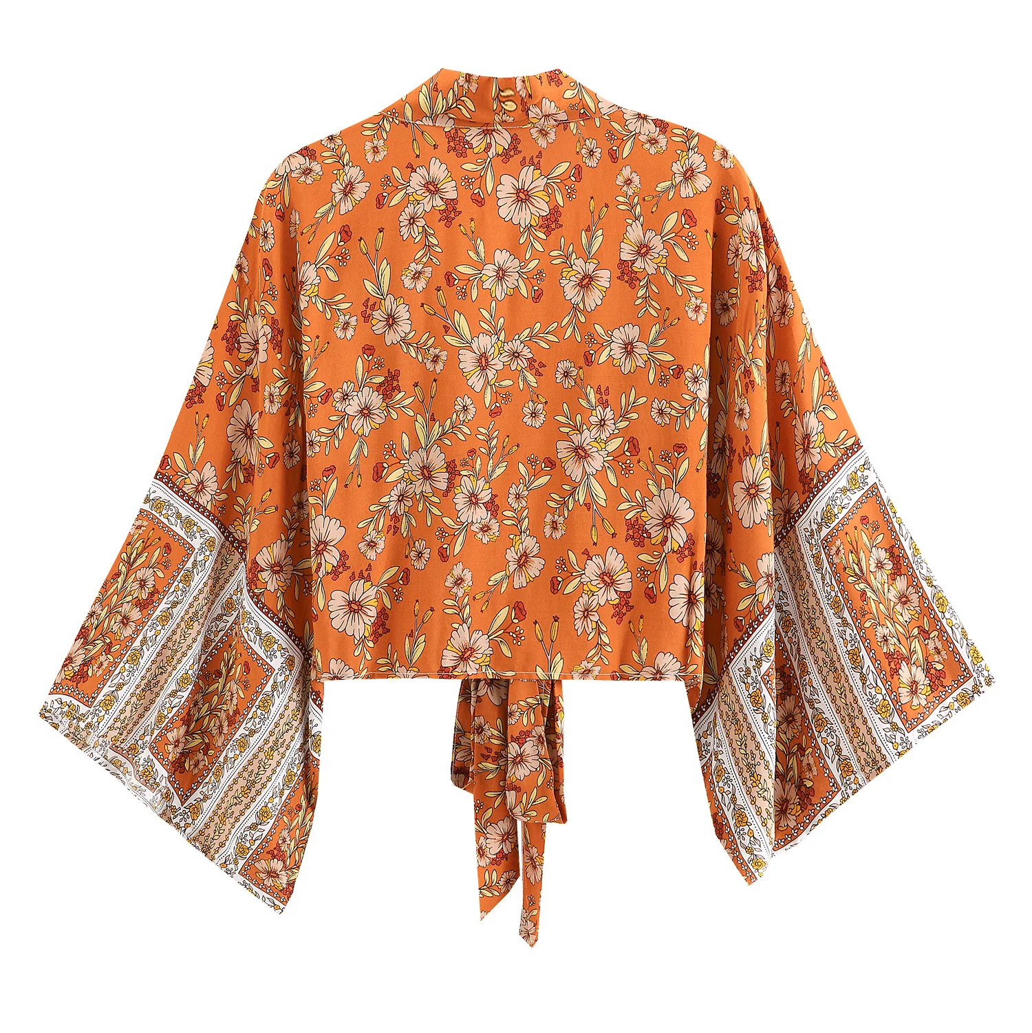 Floral Print Sashes Short Kimono Top Women Fashion V Neck Batwing Sleeve Shirt Blouse Lace Up Bohemian Hoodie Beach Bikini Cover
