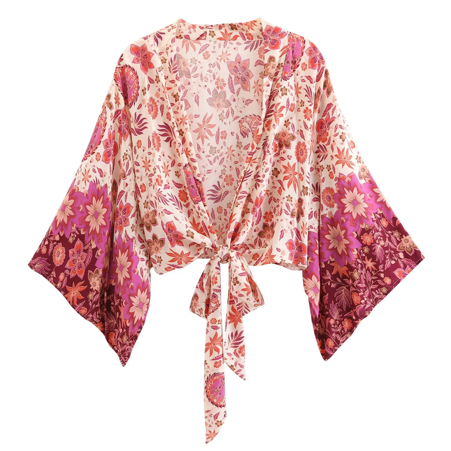 Floral Print Sashes Short Kimono Top Women Fashion V Neck Batwing Sleeve Shirt Blouse Lace Up Bohemian Hoodie Beach Bikini Cover