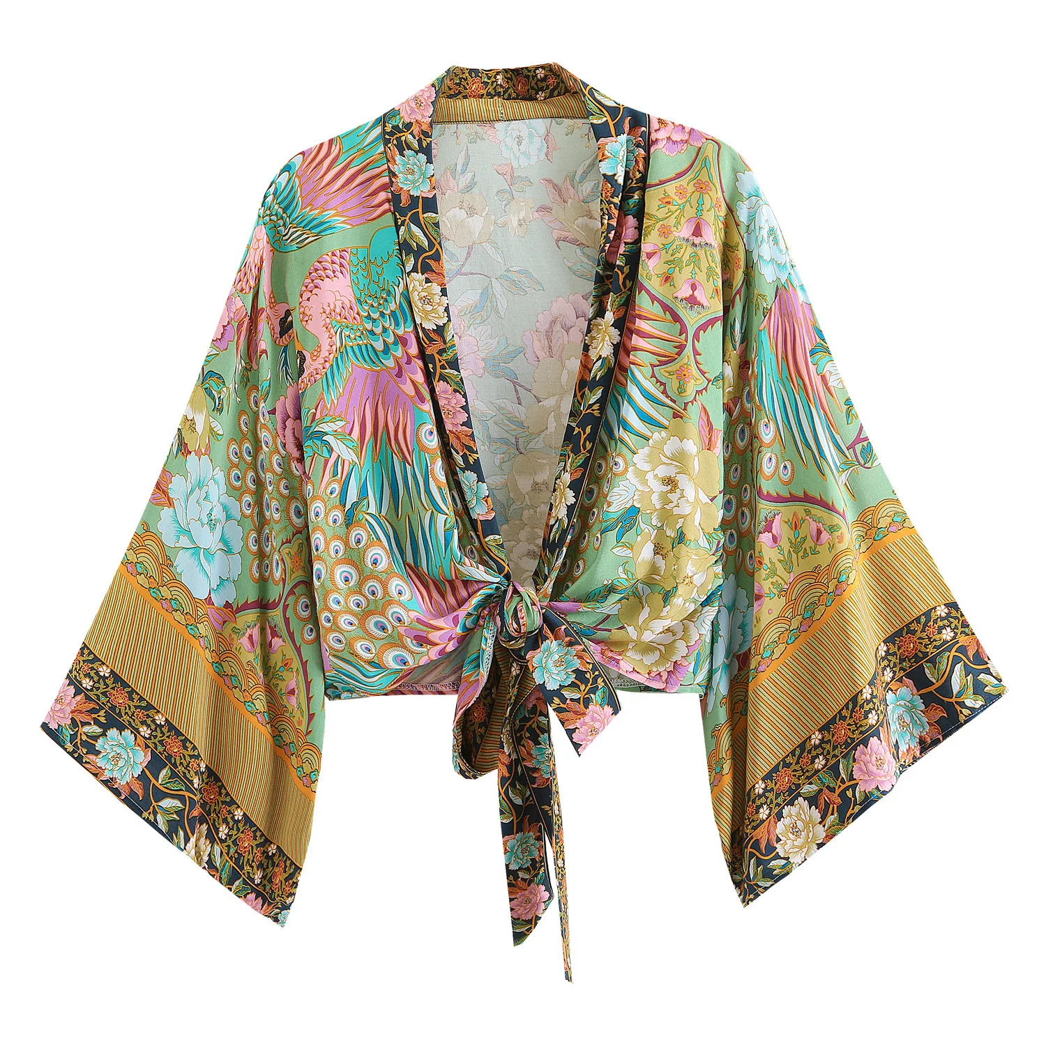 Floral Print Sashes Short Kimono Top Women Fashion V Neck Batwing Sleeve Shirt Blouse Lace Up Bohemian Hoodie Beach Bikini Cover