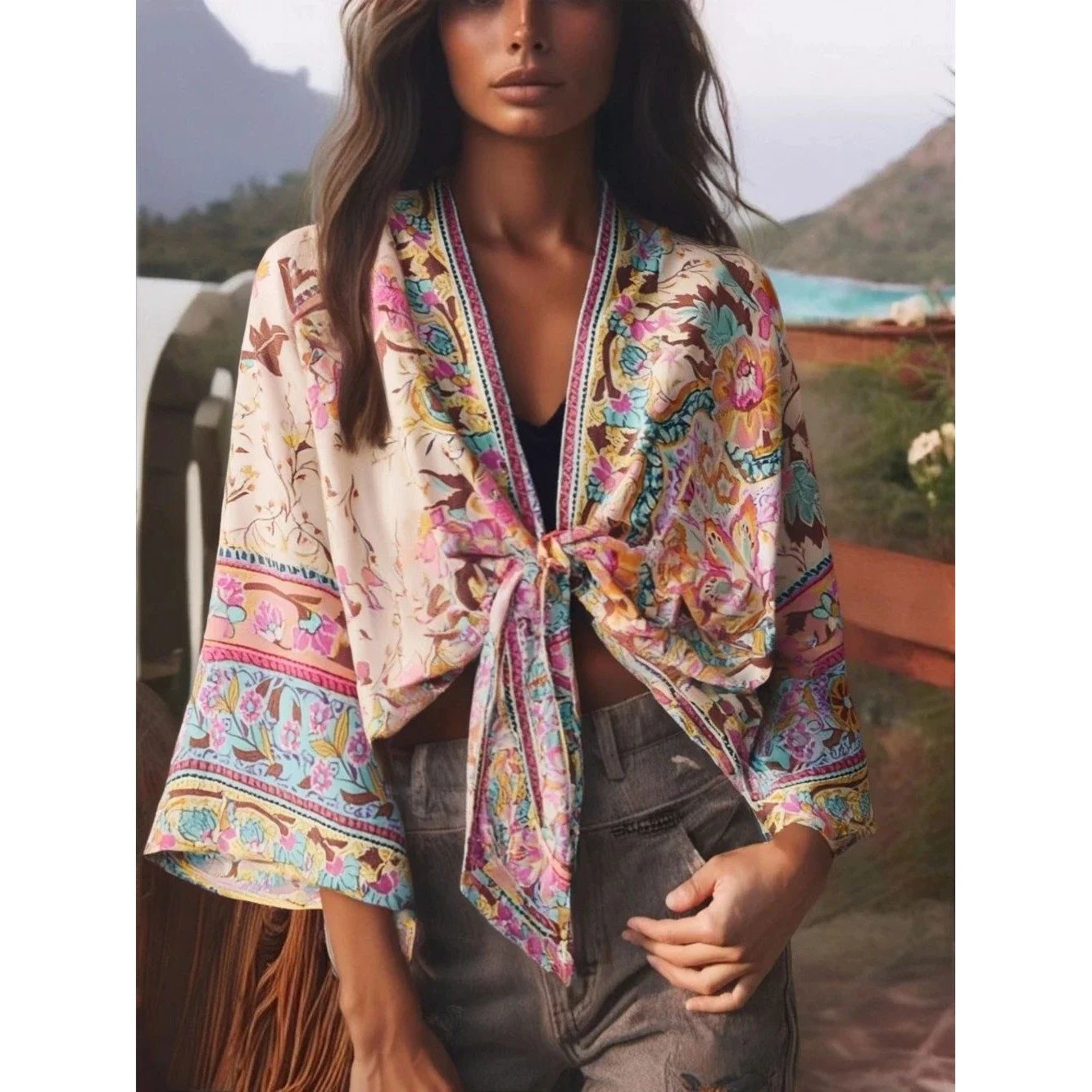 Floral Print Sashes Short Kimono Top Women Fashion V Neck Batwing Sleeve Shirt Blouse Lace Up Bohemian Hoodie Beach Bikini Cover