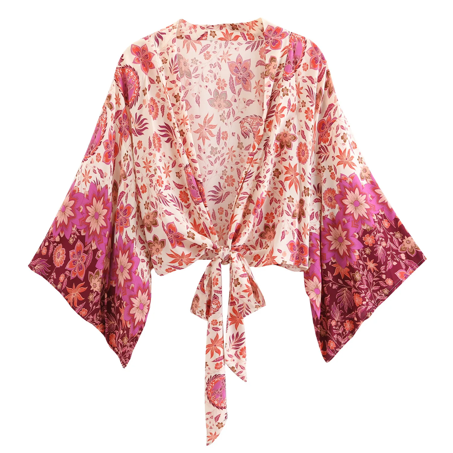 Floral Print Sashes Short Kimono Top Women Fashion V Neck Batwing Sleeve Shirt Blouse Lace Up Bohemian Hoodie Beach Bikini Cover