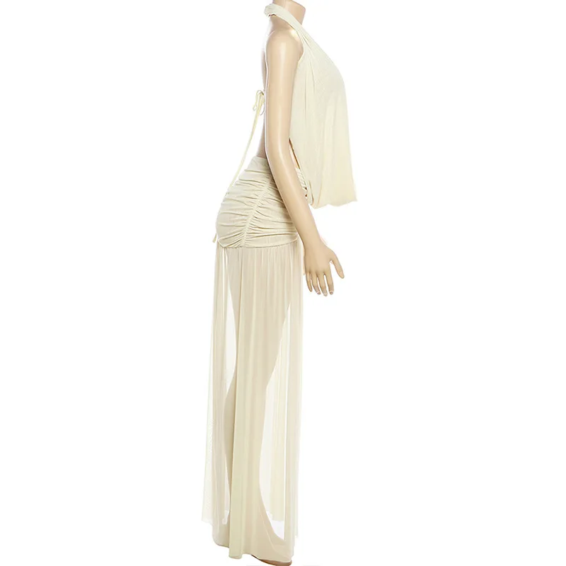 Women Sexy Club Party 2 Piece Set Swinging Collar Lace Up Halter Backless Tank Tops + Ruched Split Maxi Skirts Vacation Suits