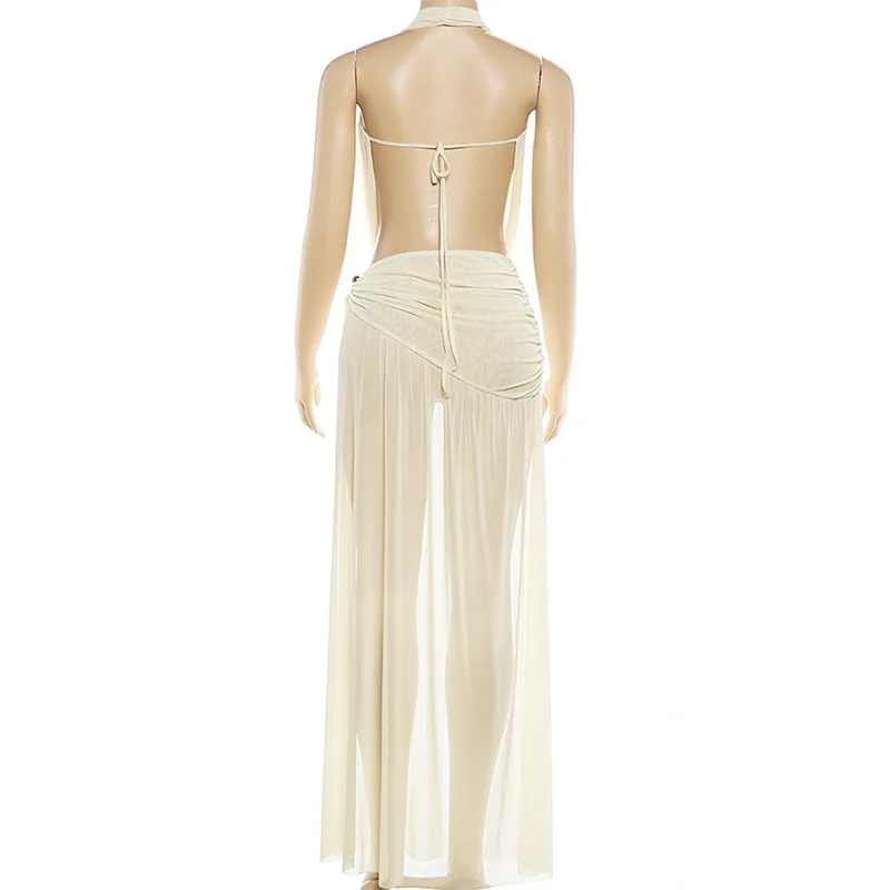 Women Sexy Club Party 2 Piece Set Swinging Collar Lace Up Halter Backless Tank Tops + Ruched Split Maxi Skirts Vacation Suits