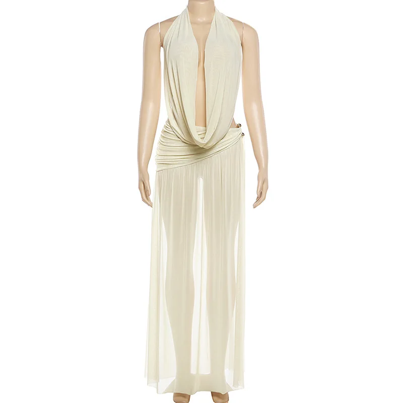 Women Sexy Club Party 2 Piece Set Swinging Collar Lace Up Halter Backless Tank Tops + Ruched Split Maxi Skirts Vacation Suits