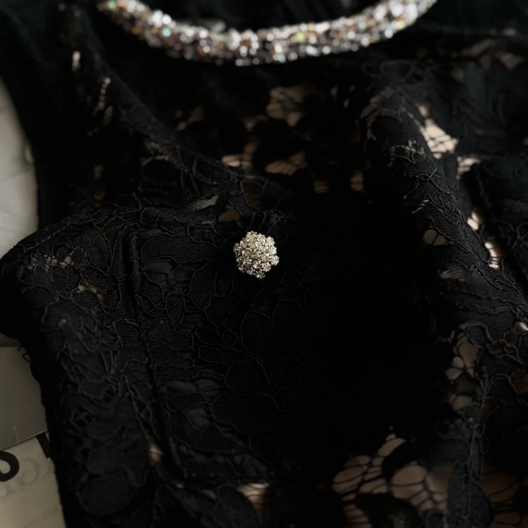Summer New round Neck Black Lace Sleeveless Dress High Quality Fashion Sexy Hollow Diamond Embedded Mini Skirt for Women