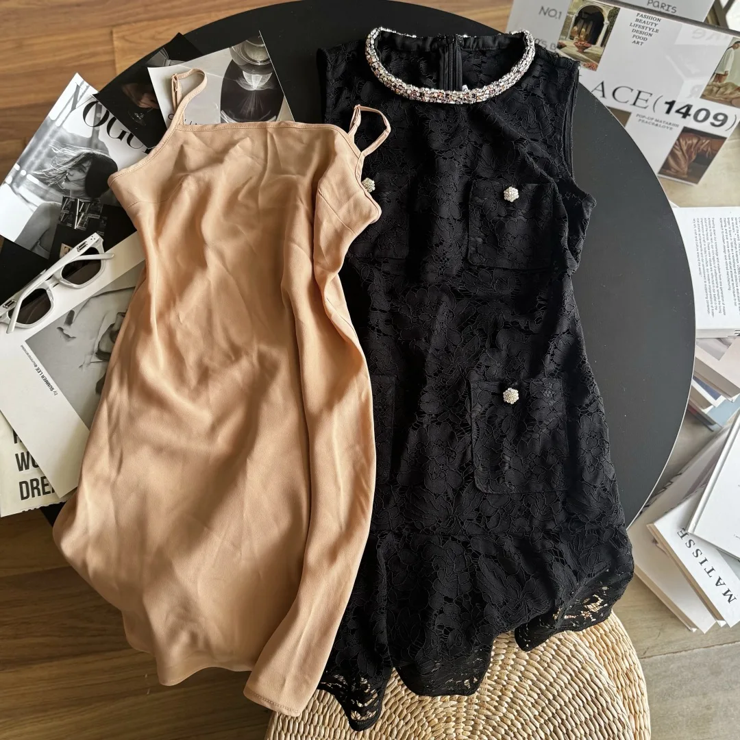 Summer New round Neck Black Lace Sleeveless Dress High Quality Fashion Sexy Hollow Diamond Embedded Mini Skirt for Women