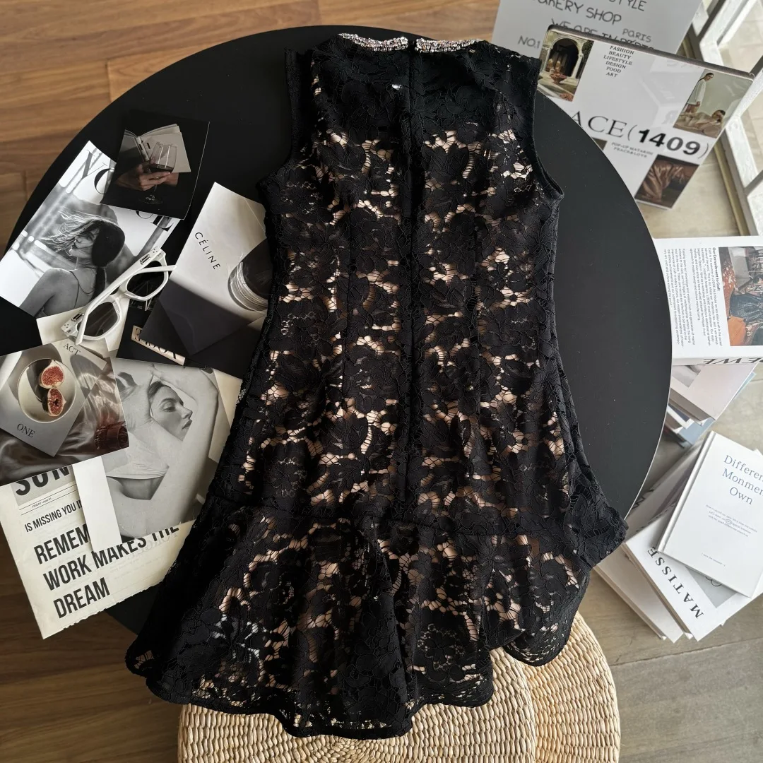 Summer New round Neck Black Lace Sleeveless Dress High Quality Fashion Sexy Hollow Diamond Embedded Mini Skirt for Women