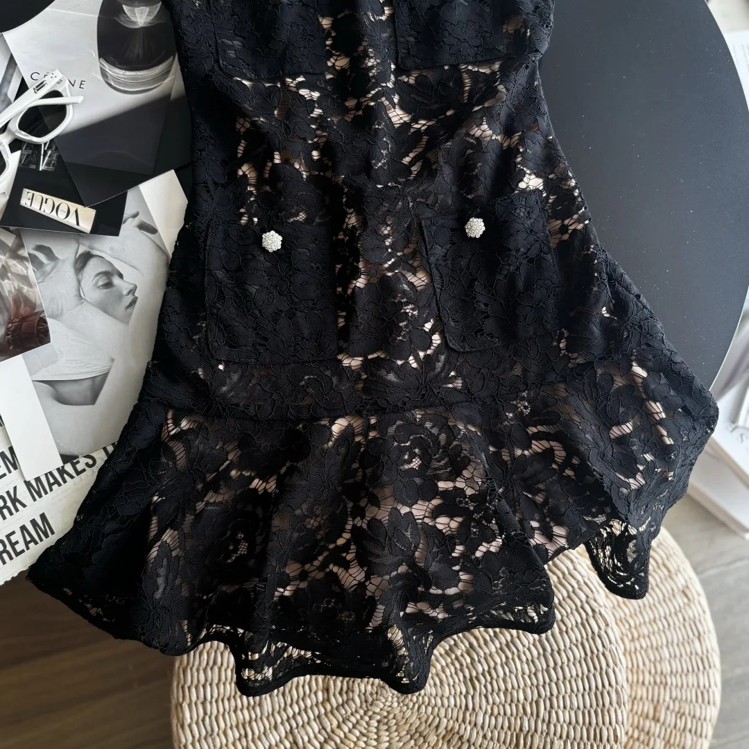 Summer New round Neck Black Lace Sleeveless Dress High Quality Fashion Sexy Hollow Diamond Embedded Mini Skirt for Women