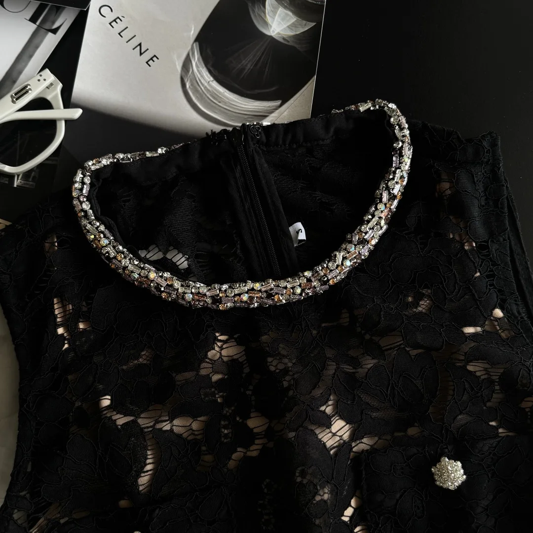 Summer New round Neck Black Lace Sleeveless Dress High Quality Fashion Sexy Hollow Diamond Embedded Mini Skirt for Women