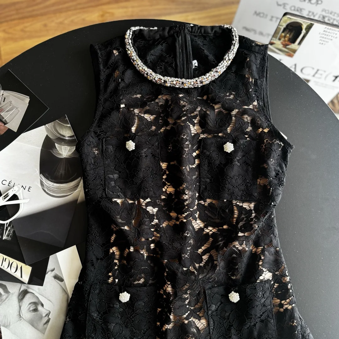 Summer New round Neck Black Lace Sleeveless Dress High Quality Fashion Sexy Hollow Diamond Embedded Mini Skirt for Women