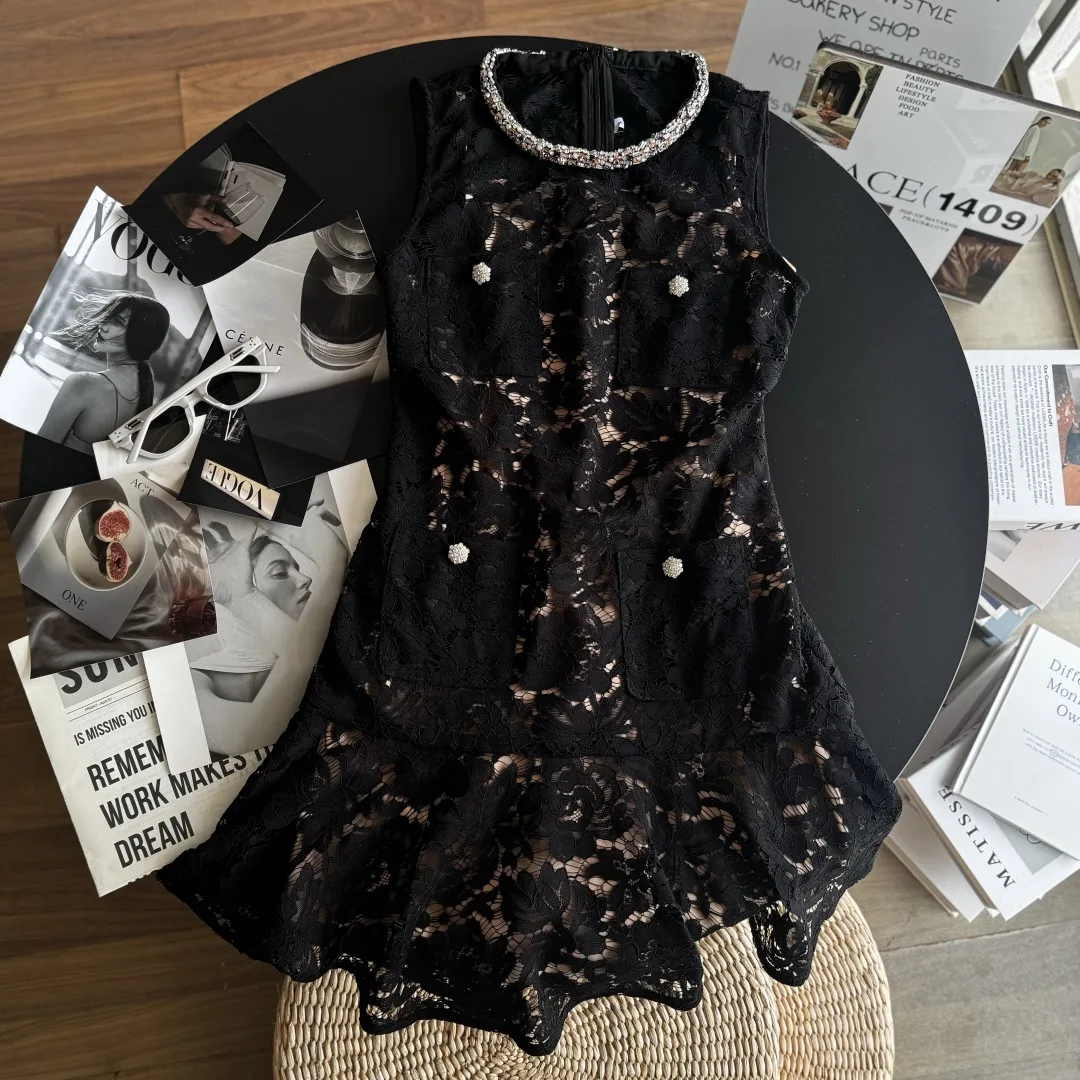 Summer New round Neck Black Lace Sleeveless Dress High Quality Fashion Sexy Hollow Diamond Embedded Mini Skirt for Women