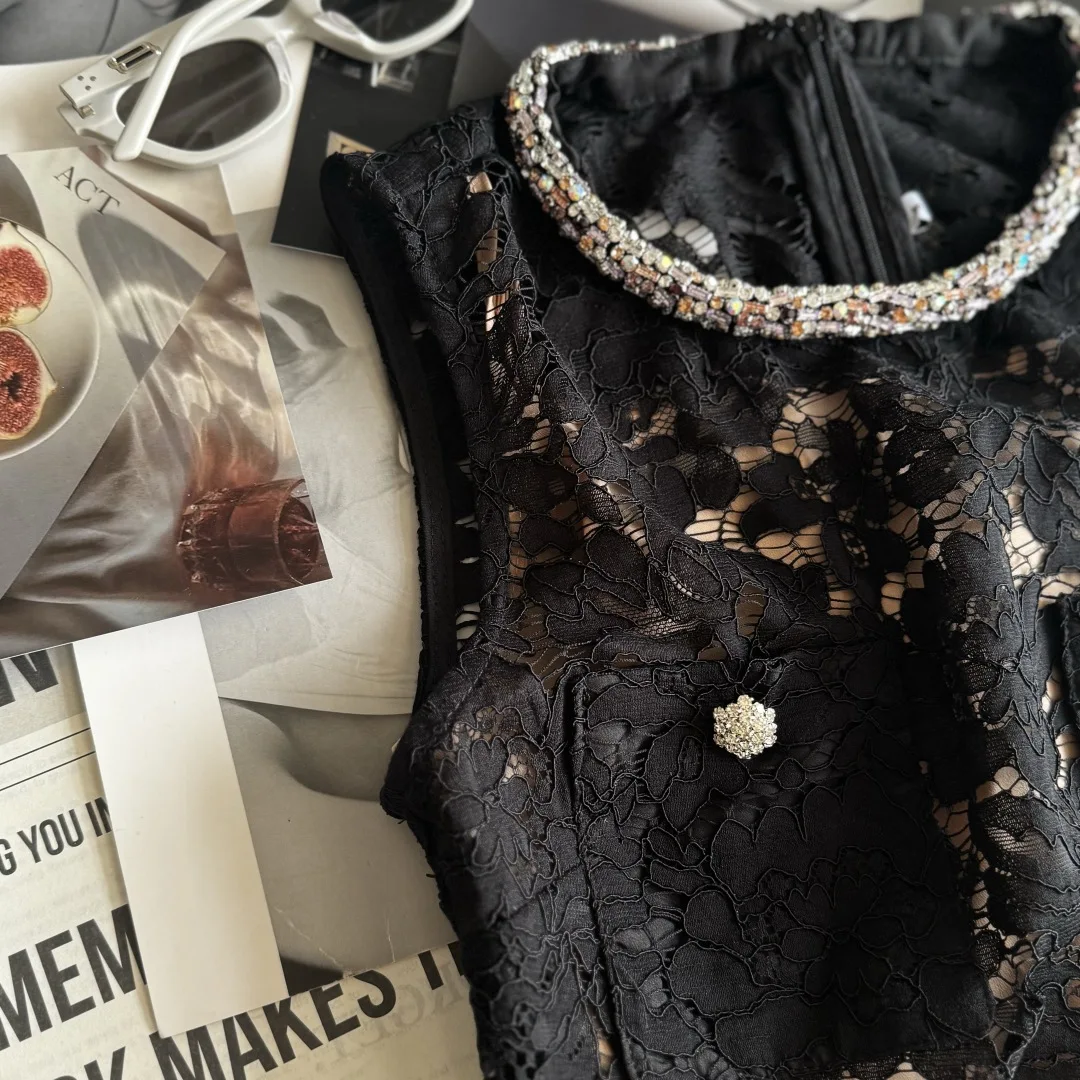 Summer New round Neck Black Lace Sleeveless Dress High Quality Fashion Sexy Hollow Diamond Embedded Mini Skirt for Women
