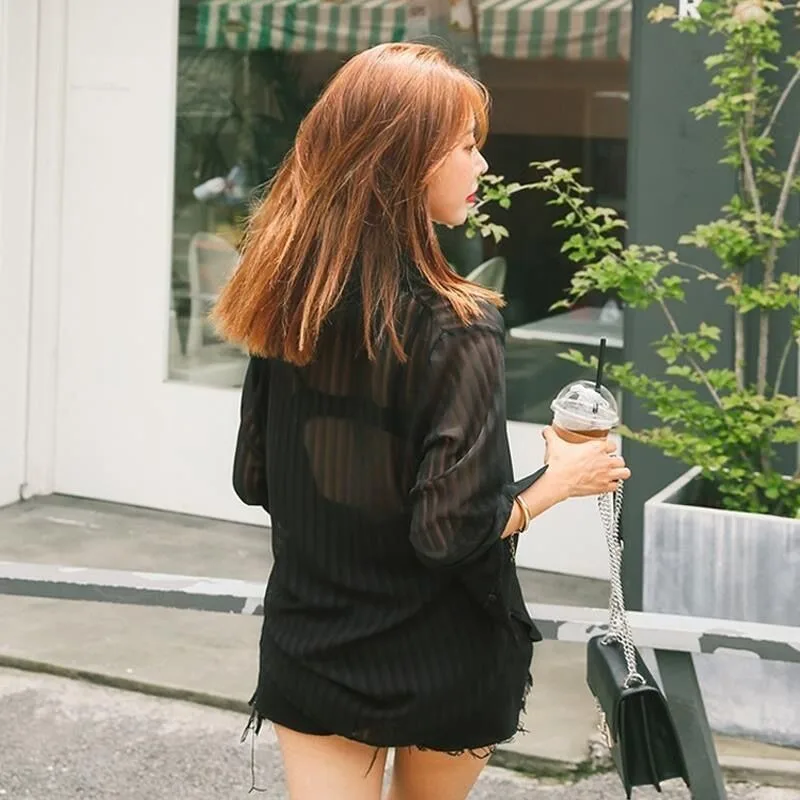 See Through Black Striped Shirts Women Spring Summer Casual Long Sleeve Y2k Blusas Sexy Ladies White Chiffon Tops and Blouses