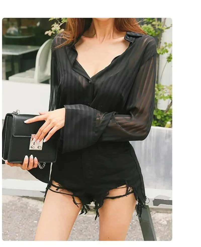 See Through Black Striped Shirts Women Spring Summer Casual Long Sleeve Y2k Blusas Sexy Ladies White Chiffon Tops and Blouses