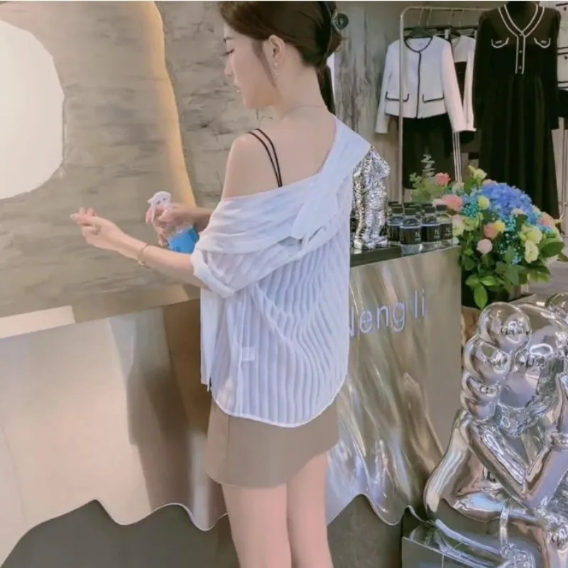 See Through Black Striped Shirts Women Spring Summer Casual Long Sleeve Y2k Blusas Sexy Ladies White Chiffon Tops and Blouses