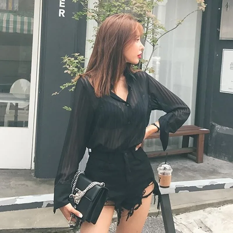 See Through Black Striped Shirts Women Spring Summer Casual Long Sleeve Y2k Blusas Sexy Ladies White Chiffon Tops and Blouses