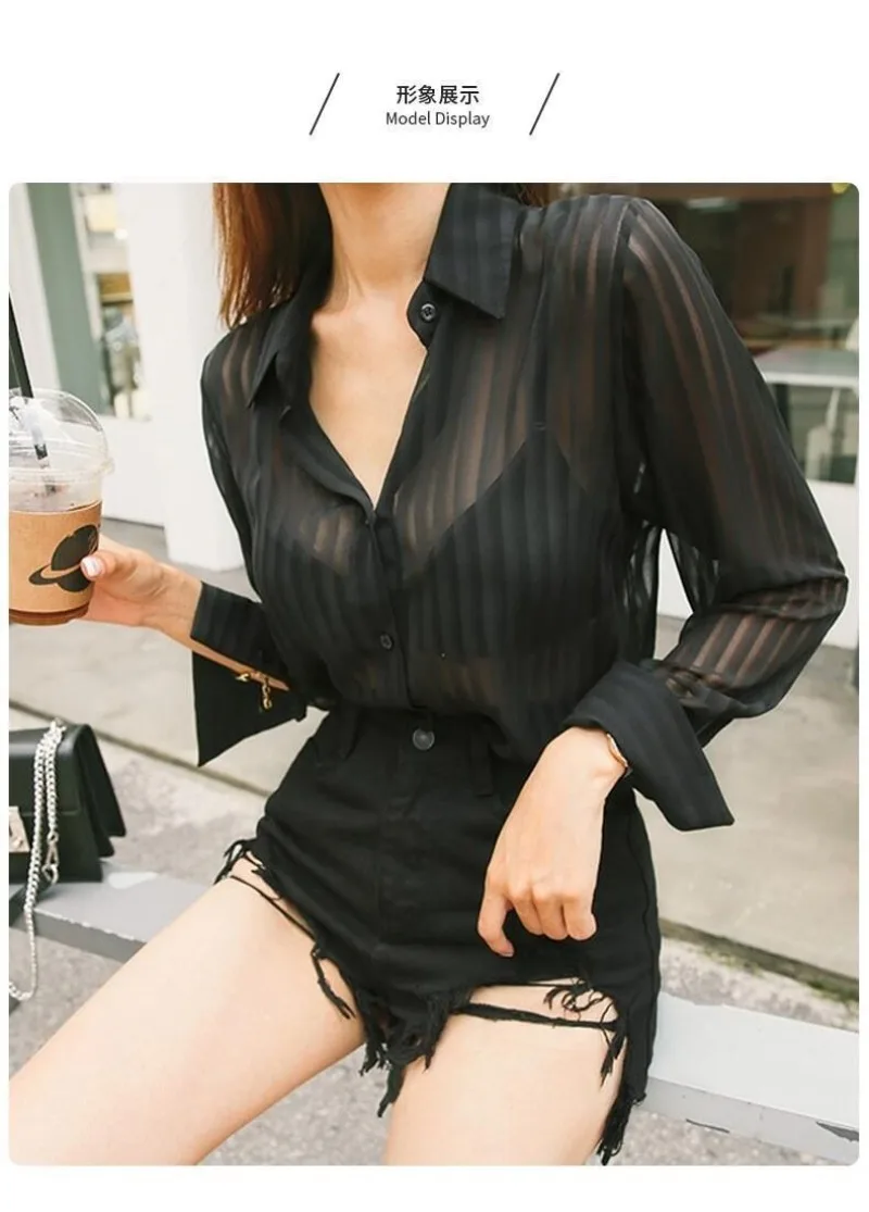 See Through Black Striped Shirts Women Spring Summer Casual Long Sleeve Y2k Blusas Sexy Ladies White Chiffon Tops and Blouses