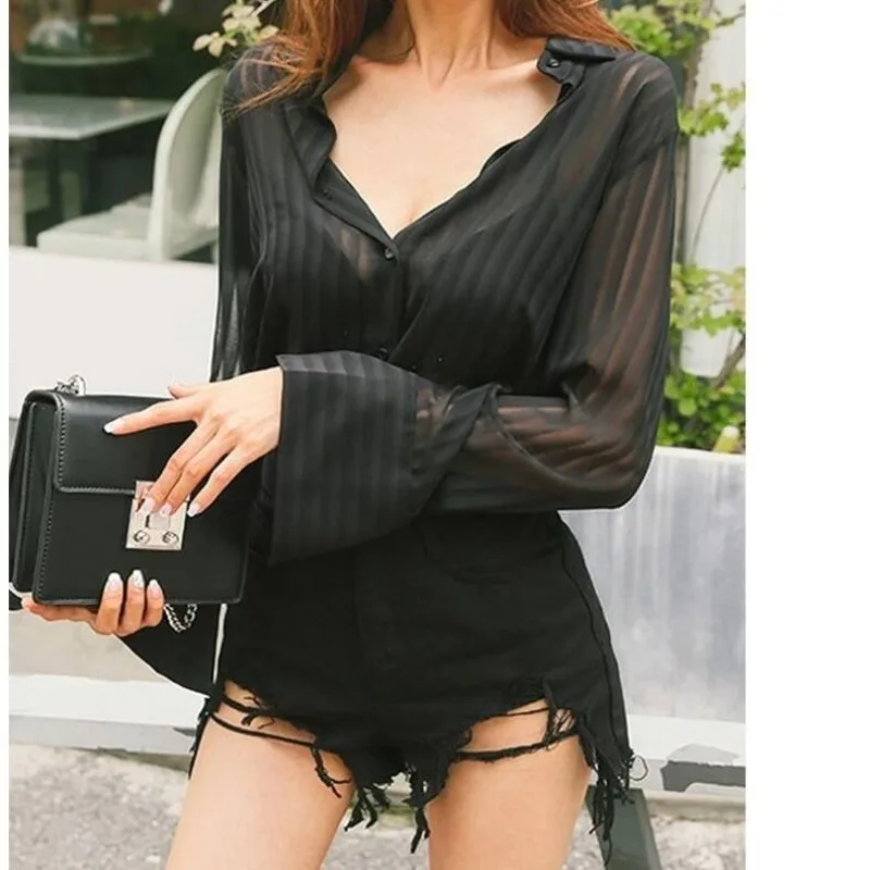 See Through Black Striped Shirts Women Spring Summer Casual Long Sleeve Y2k Blusas Sexy Ladies White Chiffon Tops and Blouses