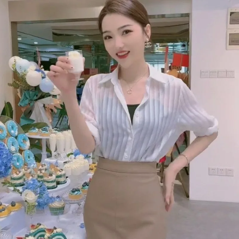 See Through Black Striped Shirts Women Spring Summer Casual Long Sleeve Y2k Blusas Sexy Ladies White Chiffon Tops and Blouses