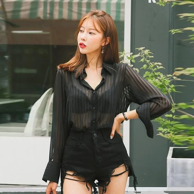 See Through Black Striped Shirts Women Spring Summer Casual Long Sleeve Y2k Blusas Sexy Ladies White Chiffon Tops and Blouses