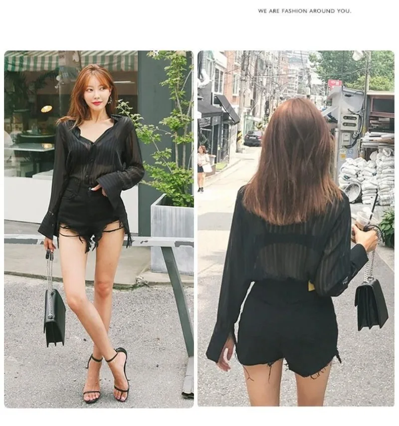 See Through Black Striped Shirts Women Spring Summer Casual Long Sleeve Y2k Blusas Sexy Ladies White Chiffon Tops and Blouses