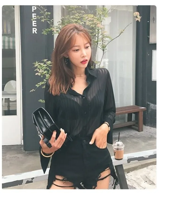 See Through Black Striped Shirts Women Spring Summer Casual Long Sleeve Y2k Blusas Sexy Ladies White Chiffon Tops and Blouses