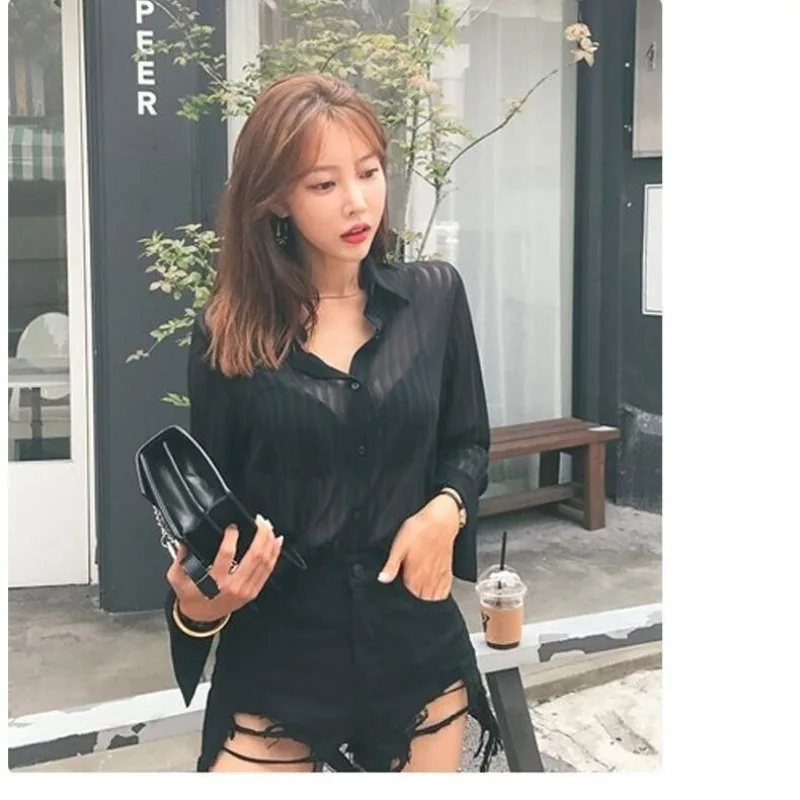 See Through Black Striped Shirts Women Spring Summer Casual Long Sleeve Y2k Blusas Sexy Ladies White Chiffon Tops and Blouses