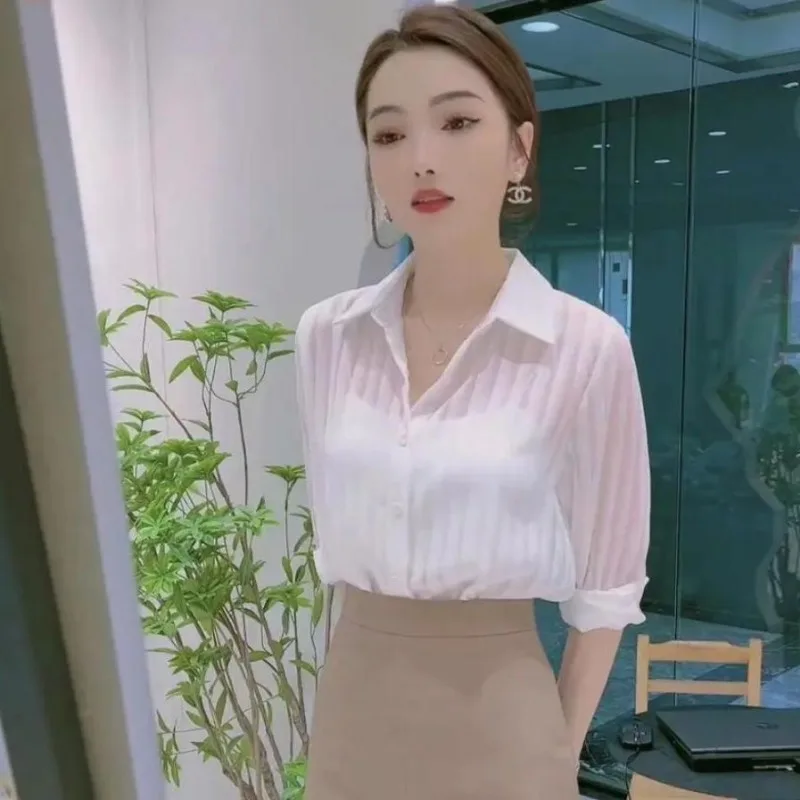See Through Black Striped Shirts Women Spring Summer Casual Long Sleeve Y2k Blusas Sexy Ladies White Chiffon Tops and Blouses