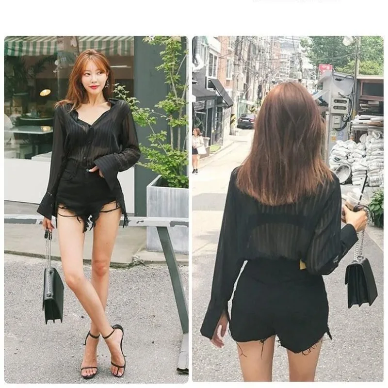 See Through Black Striped Shirts Women Spring Summer Casual Long Sleeve Y2k Blusas Sexy Ladies White Chiffon Tops and Blouses
