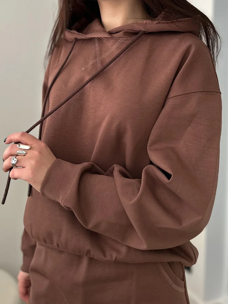 Streamgirl Brown Hoodies With Lace Women Oversize Plain Spring Elegant Butter Yellow Hooded Sweatshirts For Women Oversized