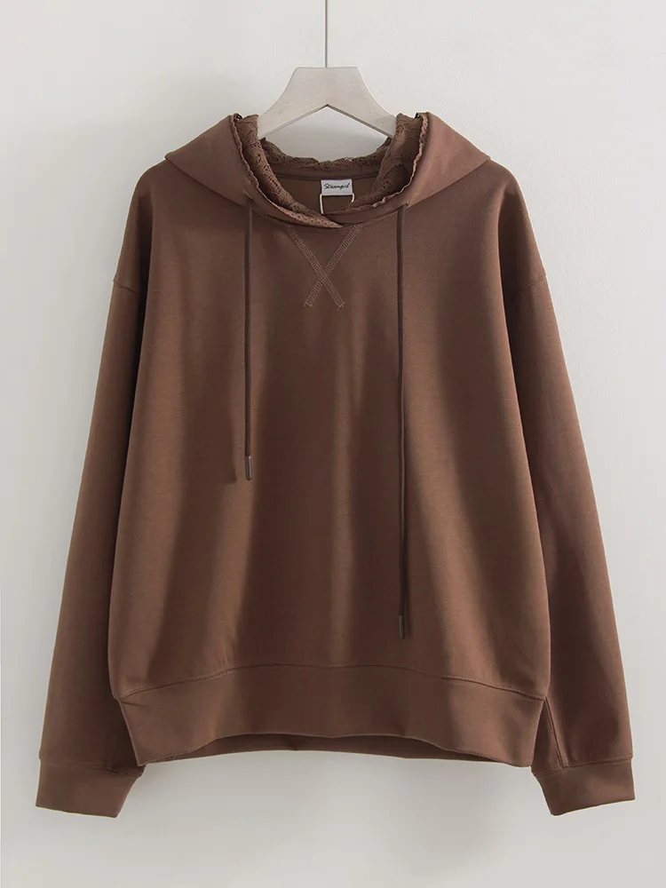 Streamgirl Brown Hoodies With Lace Women Oversize Plain Spring Elegant Butter Yellow Hooded Sweatshirts For Women Oversized