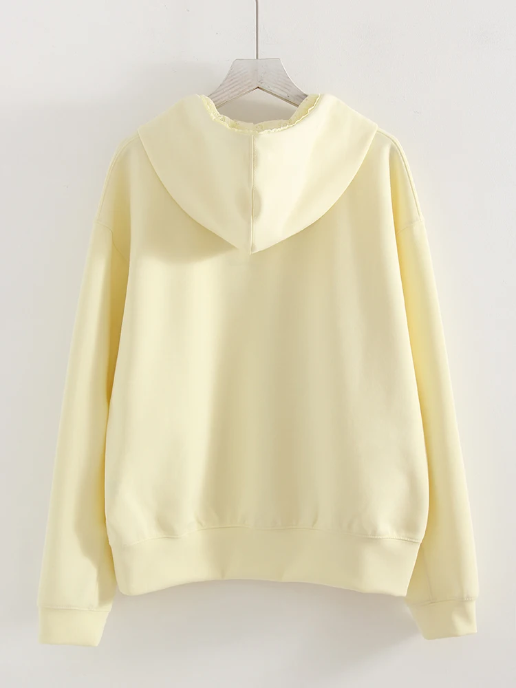 Streamgirl Brown Hoodies With Lace Women Oversize Plain Spring Elegant Butter Yellow Hooded Sweatshirts For Women Oversized