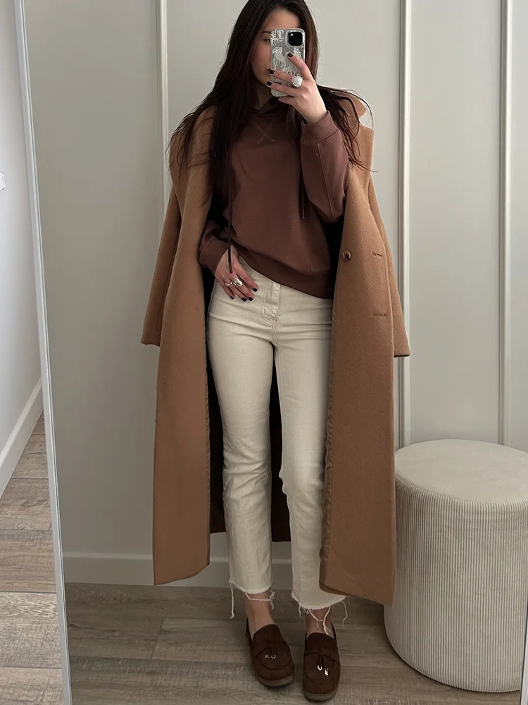 Streamgirl Brown Hoodies With Lace Women Oversize Plain Spring Elegant Butter Yellow Hooded Sweatshirts For Women Oversized